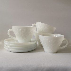 Vintage Set of Four White Milk Glass Tea / Coffee w Saucers, Grape & Leaf Motif